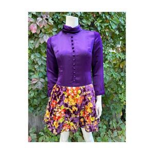 60s Scooter Dress Royal Purple Satin & Multicolor Floral Velvet Drop Waist Sm